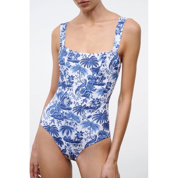 STAUD Other - STAUD Adelaide Blue Toile One Piece Swimsuit Corset Boning M Tropical Dog Print